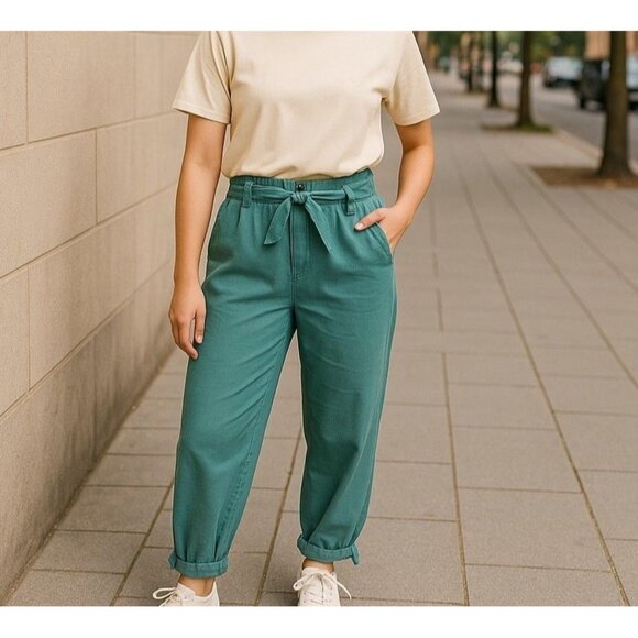 J.Crew Cropped Twill Paper Bag Pant 14 Aventurine Green Tie Waist - Picture 3 of 7